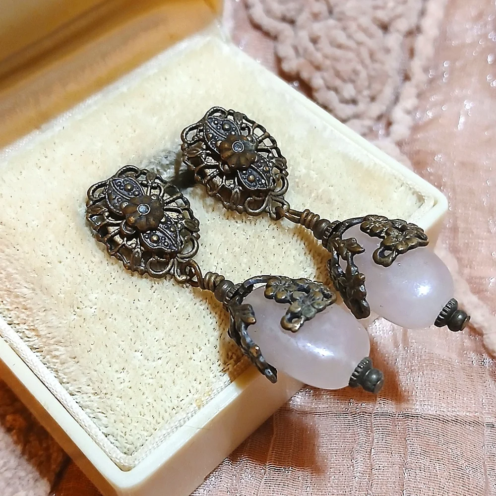 Antique Rose Quartz Brass Filigree Dangle Earrings - Picture 2 of 6